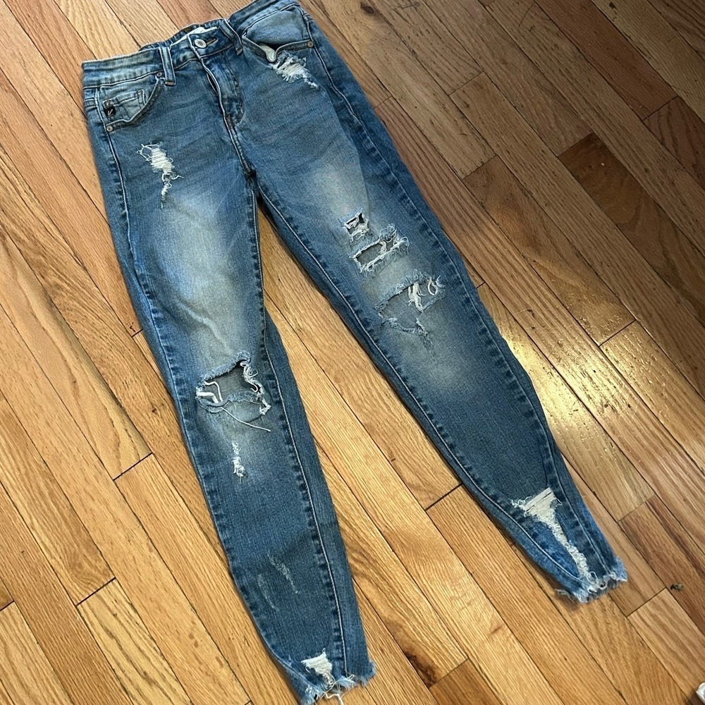 Kancan Skinny Jeans Women's Medium Wash Distressed Raw Hem Size 3 25 T16-2